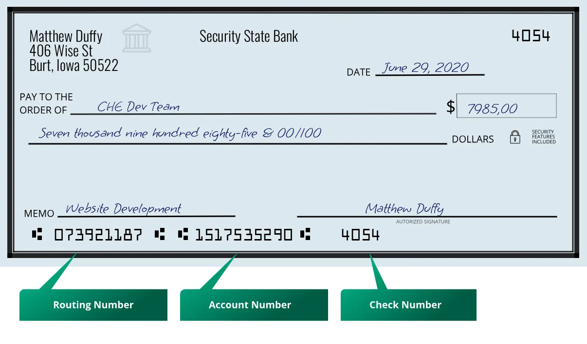 073921187 routing number Security State Bank Burt