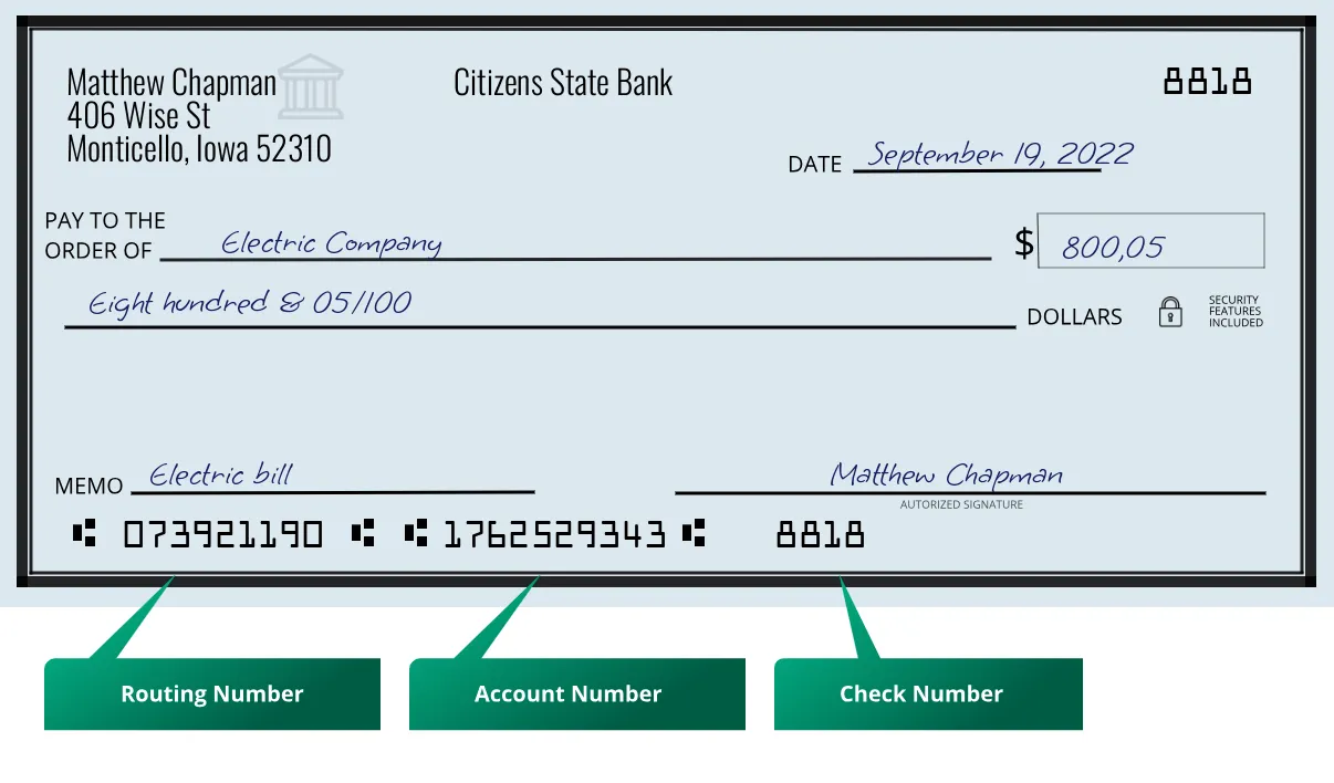 073921190 routing number Citizens State Bank Monticello