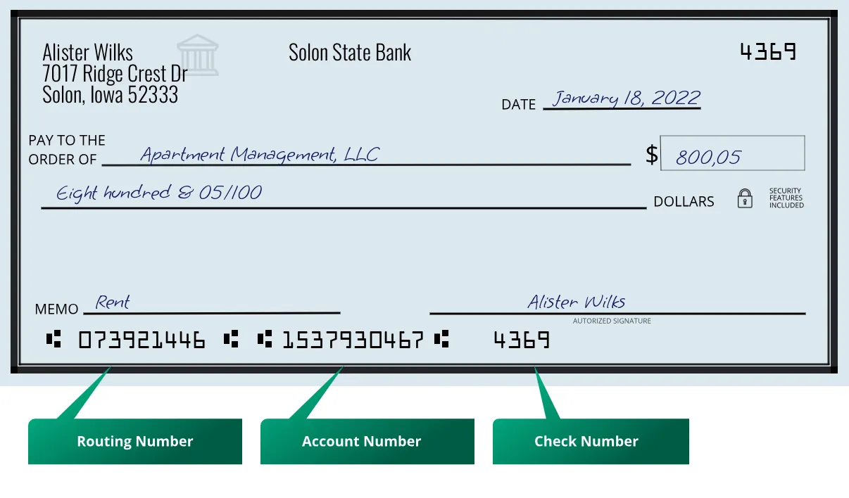 073921446 routing number Solon State Bank Solon
