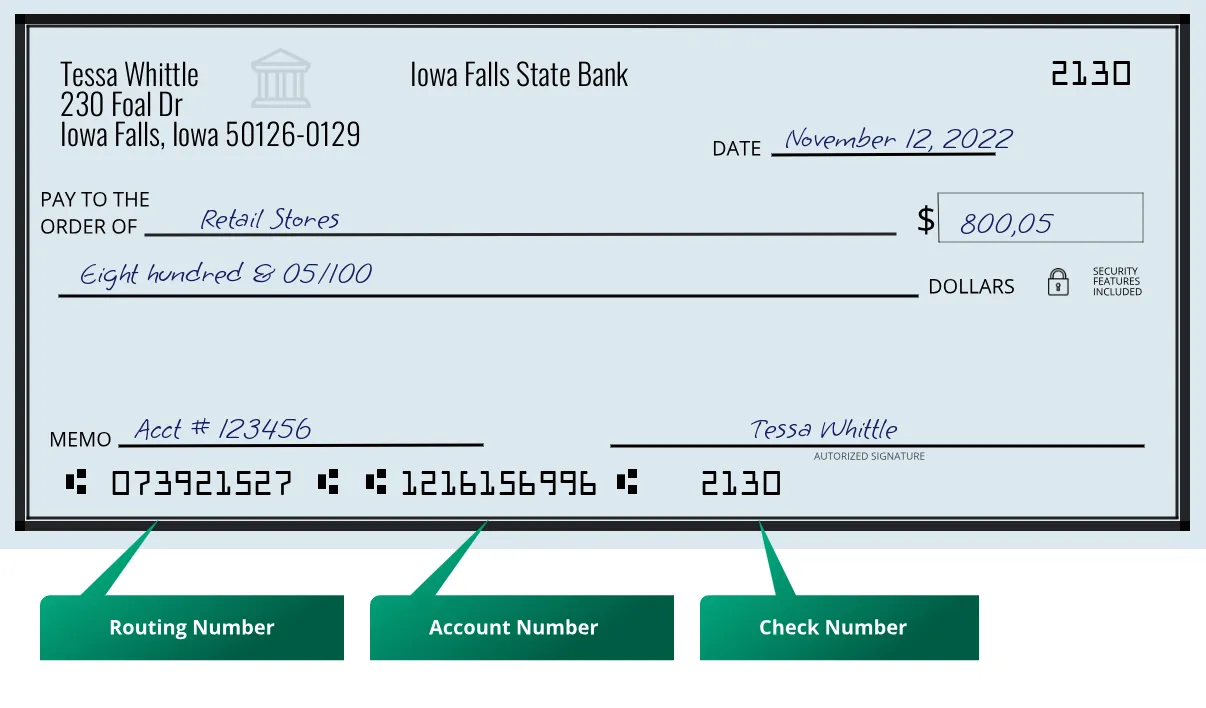 073921527 routing number Iowa Falls State Bank Iowa Falls