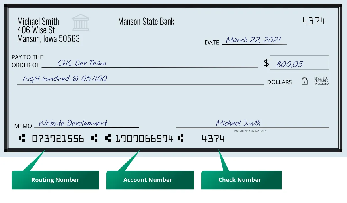 073921556 routing number Manson State Bank Manson