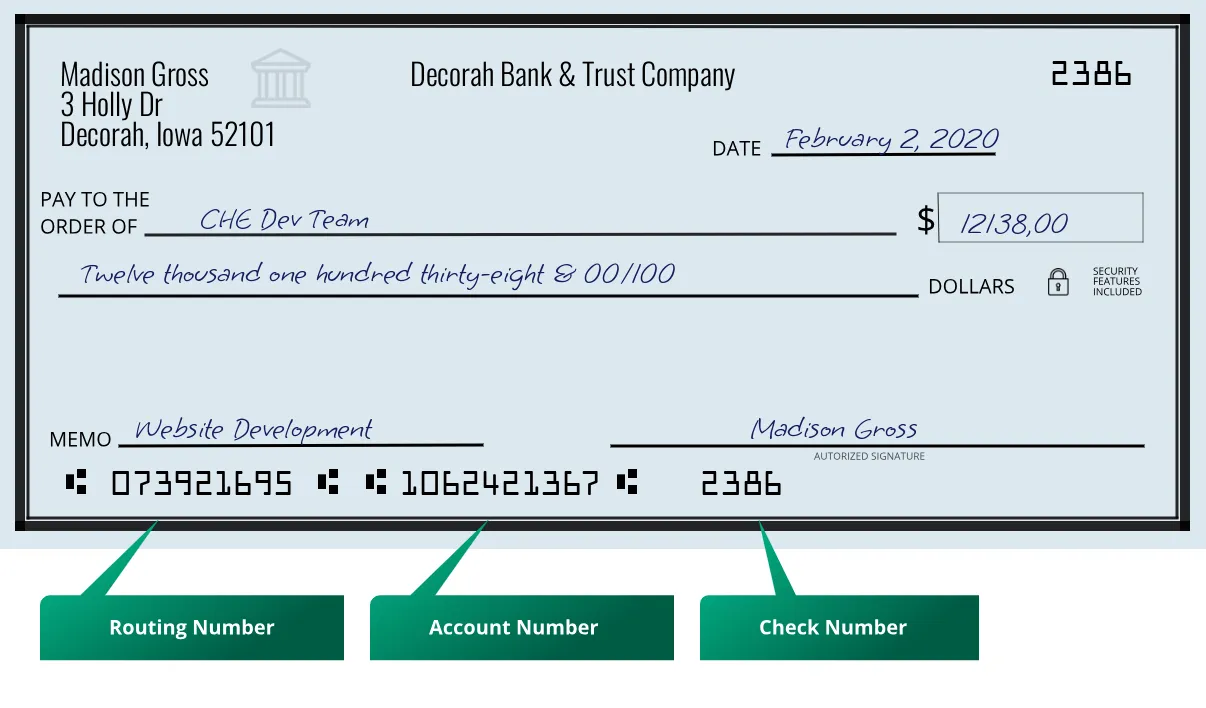 073921695 routing number Decorah Bank & Trust Company Decorah