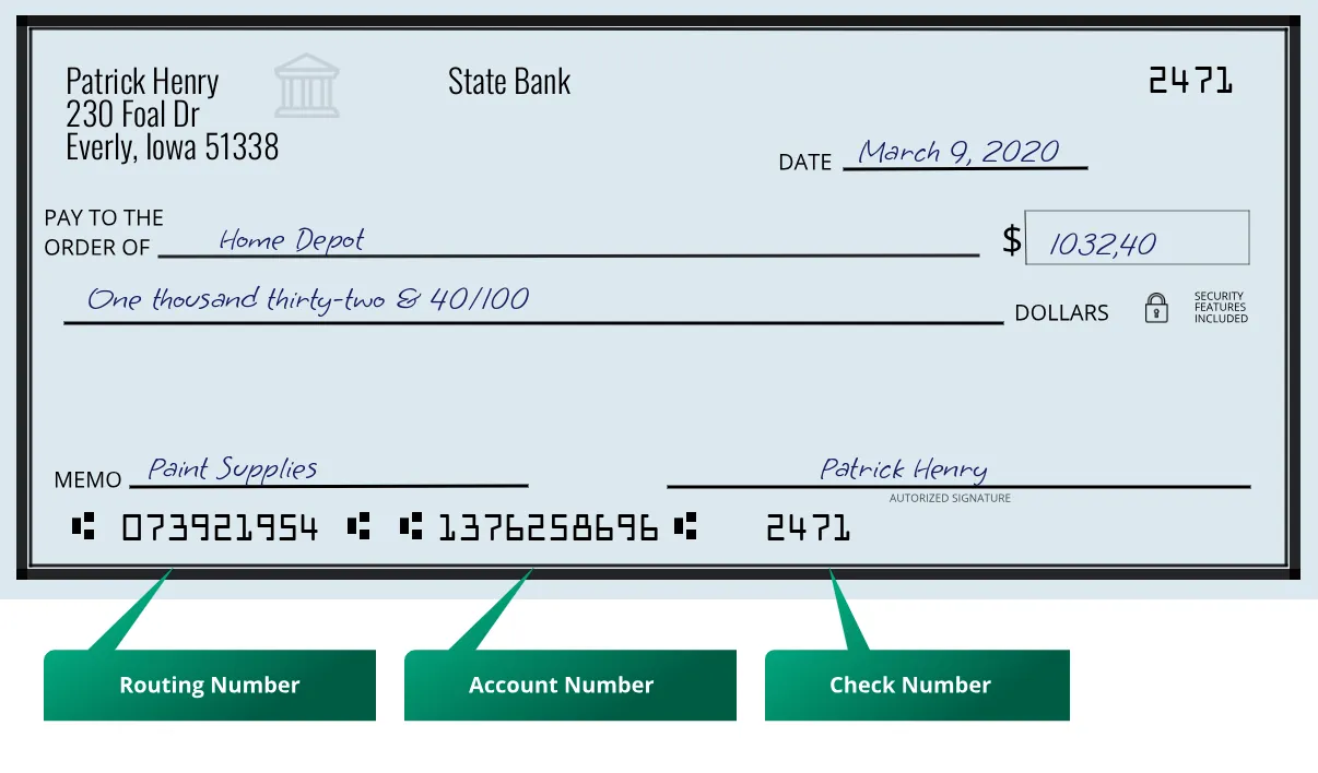 073921954 routing number State Bank Everly