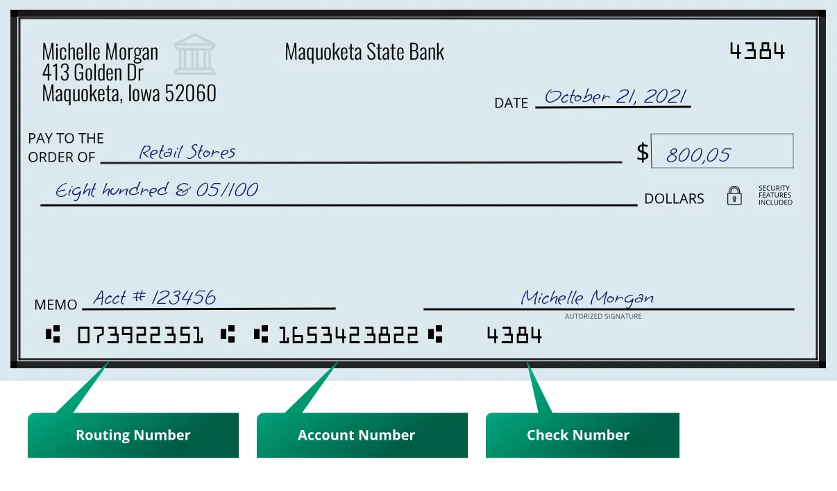 073922351 routing number Maquoketa State Bank Maquoketa
