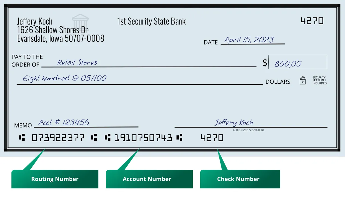 073922377 routing number 1st Security State Bank Evansdale