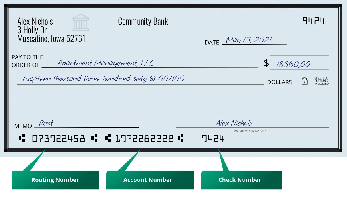 073922458 routing number Community Bank Muscatine