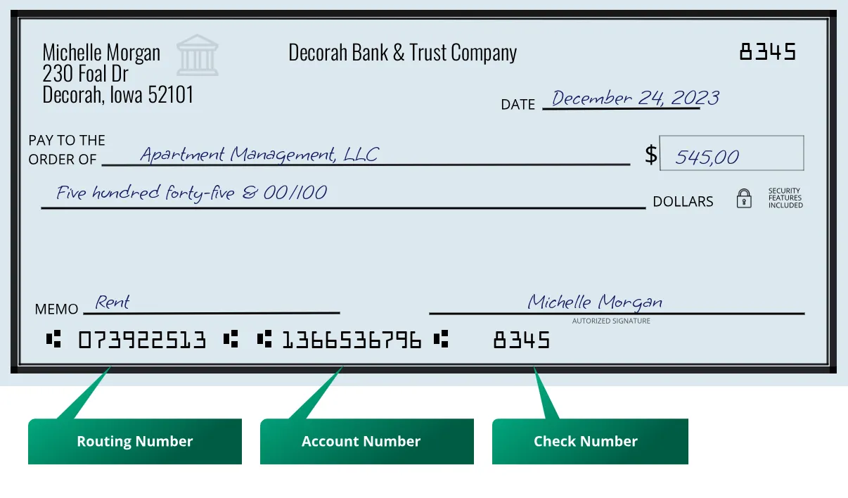 073922513 routing number Decorah Bank & Trust Company Decorah