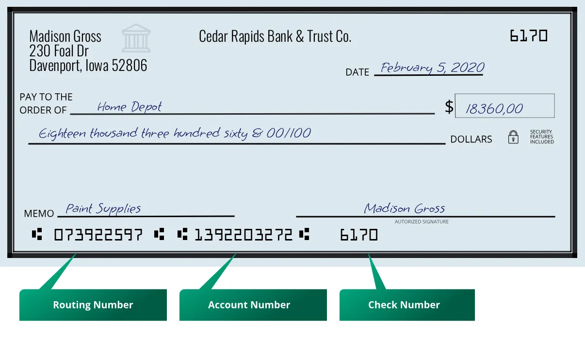 073922597 routing number Cedar Rapids Bank & Trust Co. Davenport