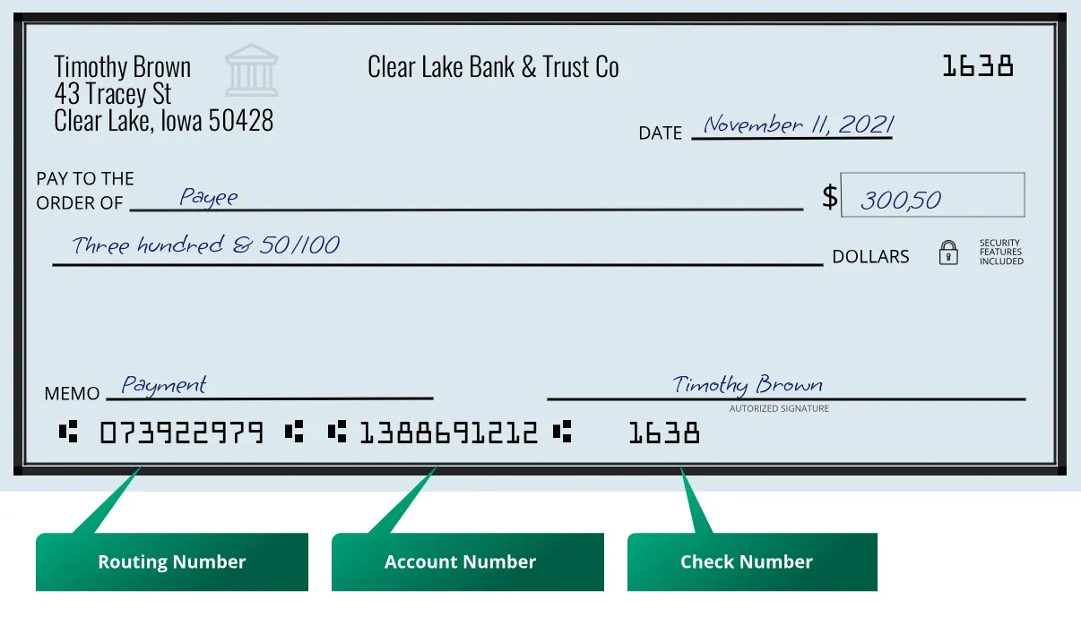 073922979 routing number Clear Lake Bank & Trust Co Clear Lake
