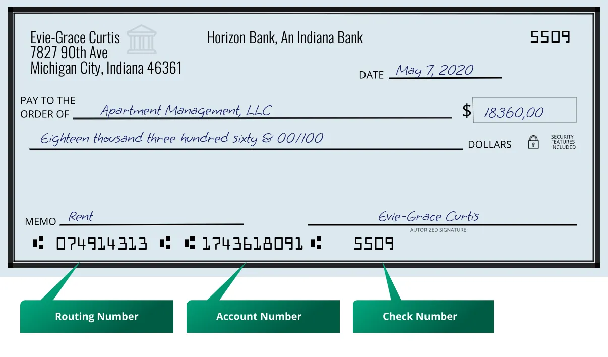 074914313 routing number Horizon Bank, An Indiana Bank Michigan City