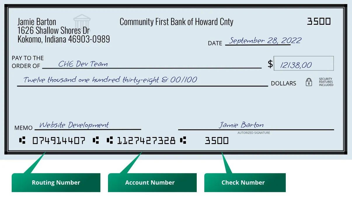 074914407 routing number Community First Bank Of Howard Cnty Kokomo