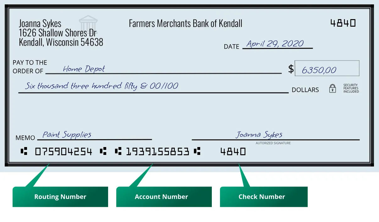075904254 routing number Farmers Merchants Bank Of Kendall Kendall