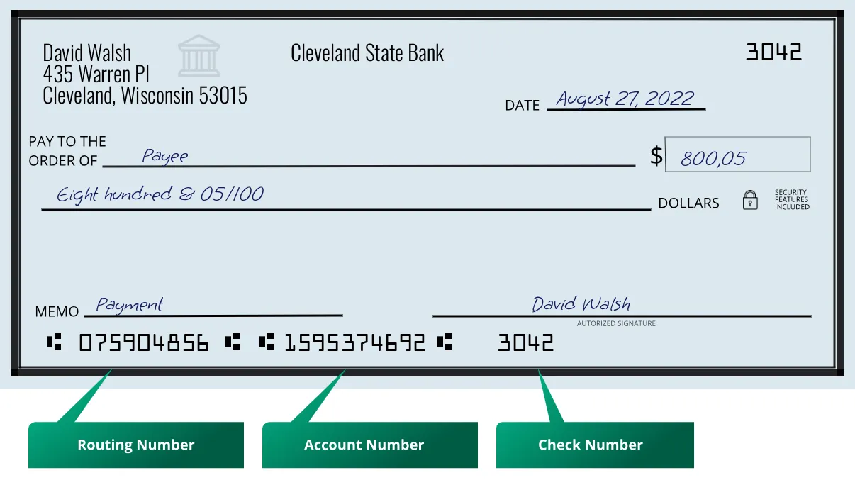 075904856 routing number Cleveland State Bank Cleveland