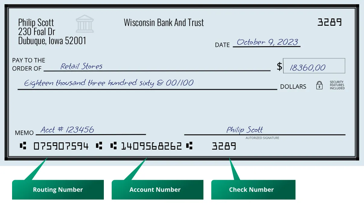075907594 routing number Wisconsin Bank And Trust Dubuque