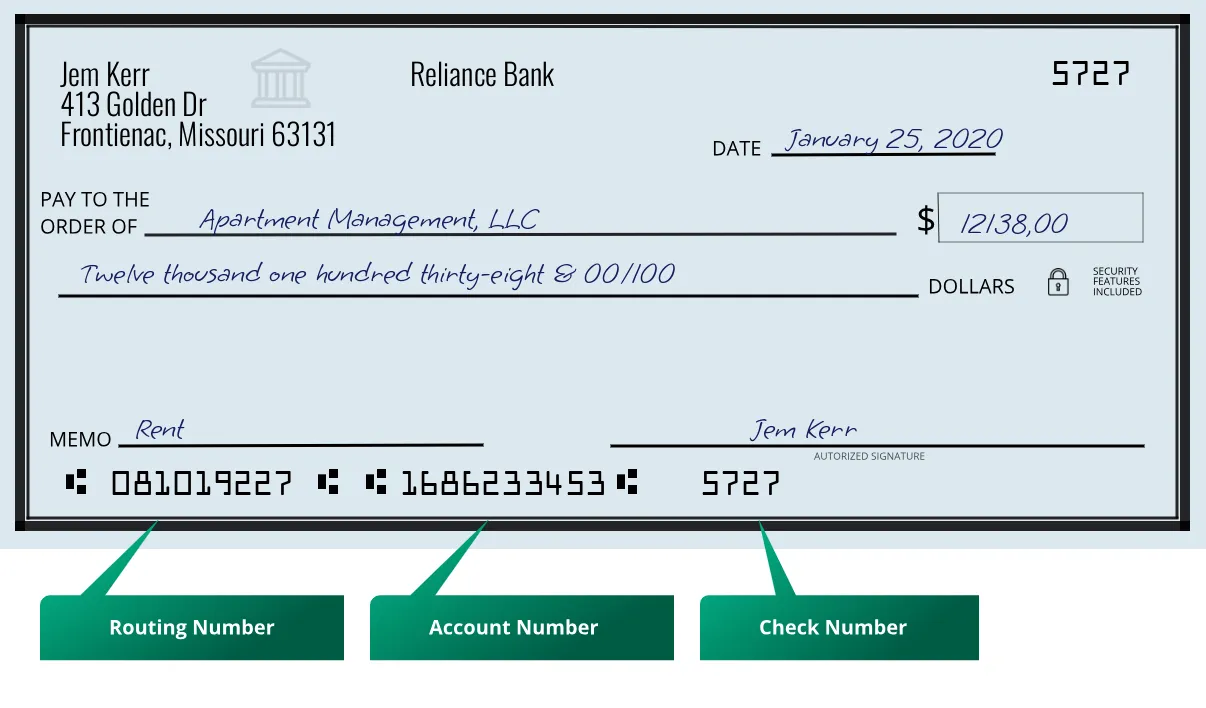 081019227 routing number Reliance Bank Frontienac