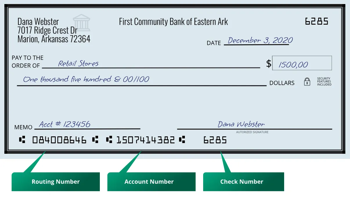 084008646 routing number First Community Bank Of Eastern Ark Marion