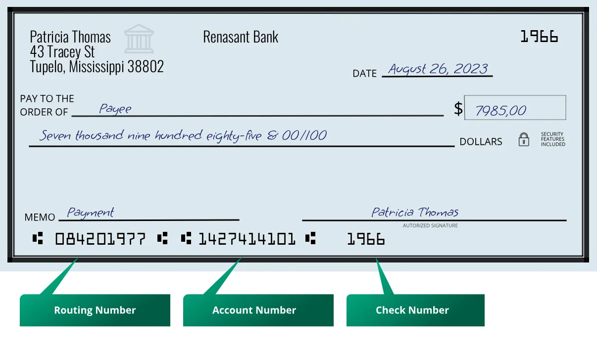 084201977 routing number Renasant Bank Tupelo