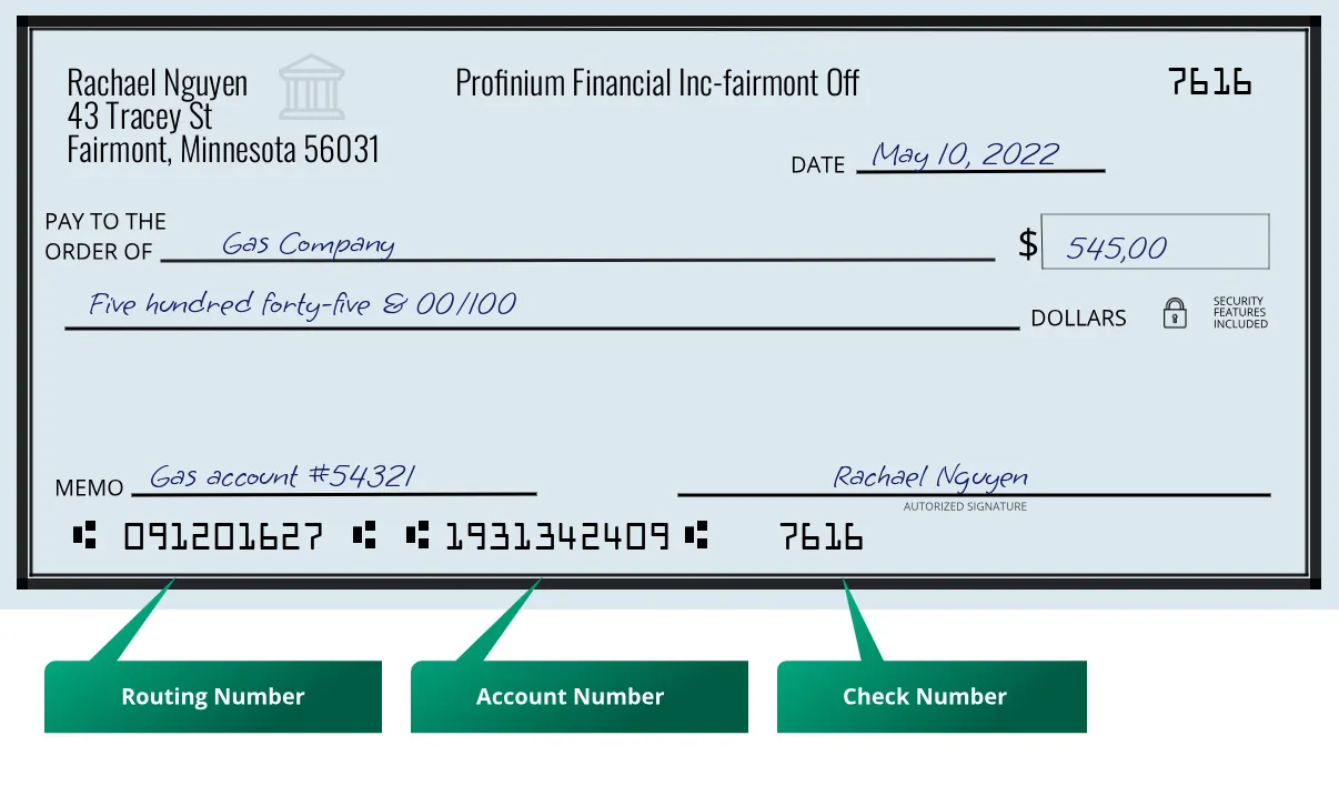 091201627 routing number Profinium Financial Inc-Fairmont Off Fairmont
