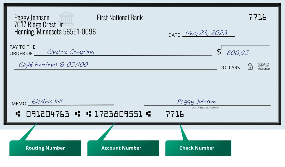 091204763 routing number First National Bank Henning