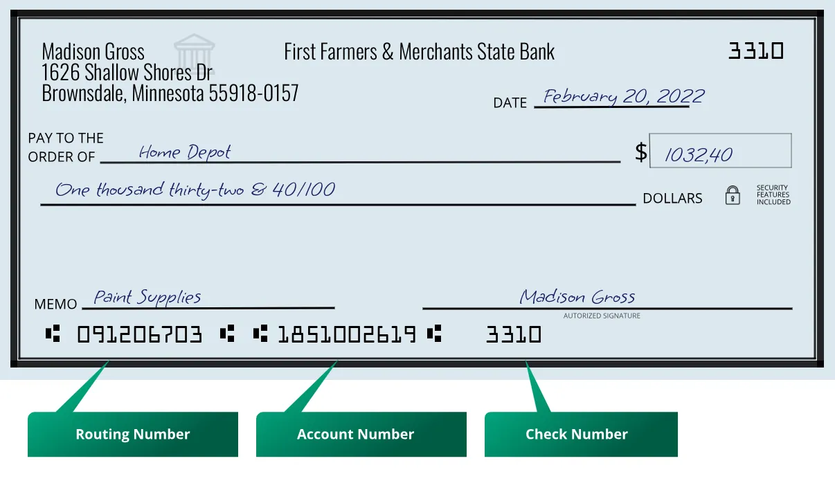 091206703 routing number First Farmers & Merchants State Bank Brownsdale