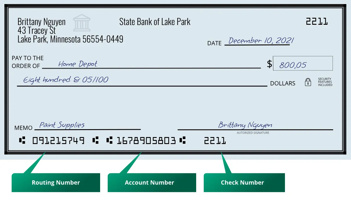 091215749 routing number State Bank Of Lake Park Lake Park