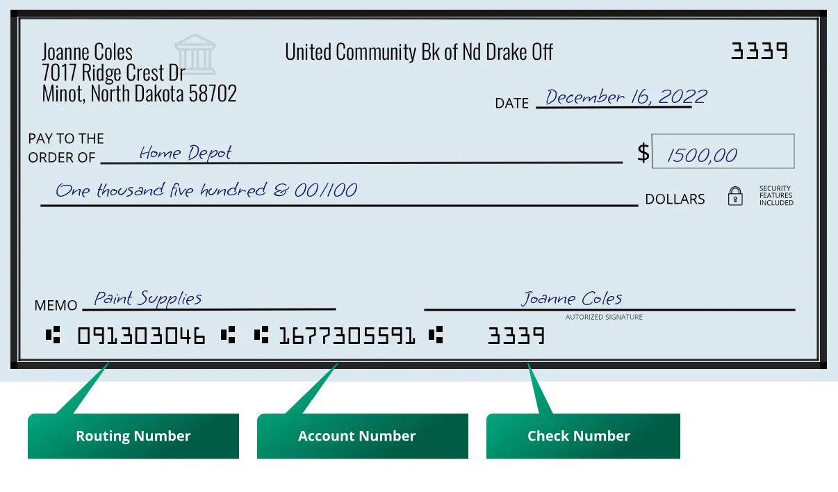 091303046 routing number United Community Bk Of Nd Drake Off Minot