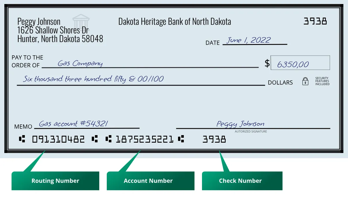 091310482 routing number Dakota Heritage Bank Of North Dakota Hunter