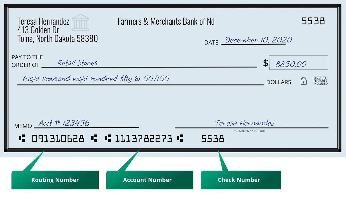 091310628 routing number Farmers & Merchants Bank Of Nd Tolna