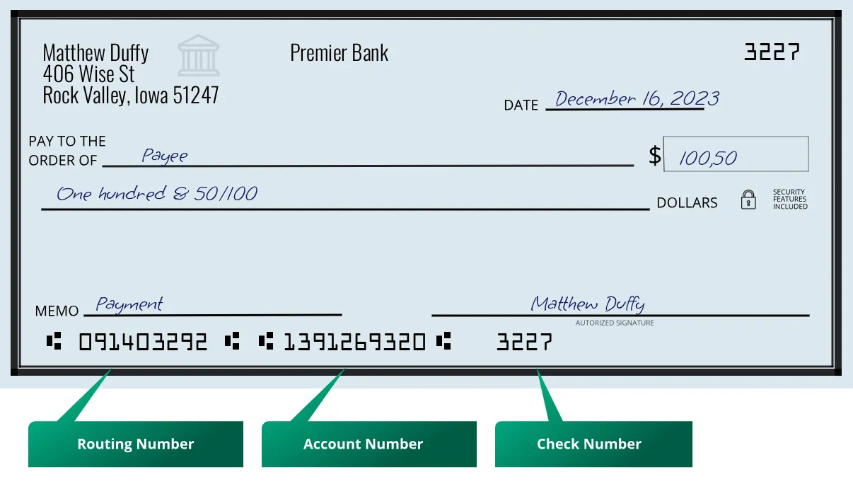 091403292 routing number Premier Bank Rock Valley