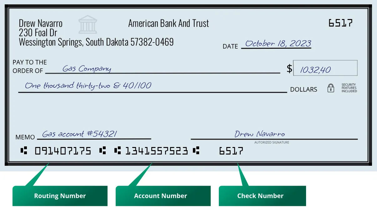 091407175 routing number American Bank And Trust Wessington Springs