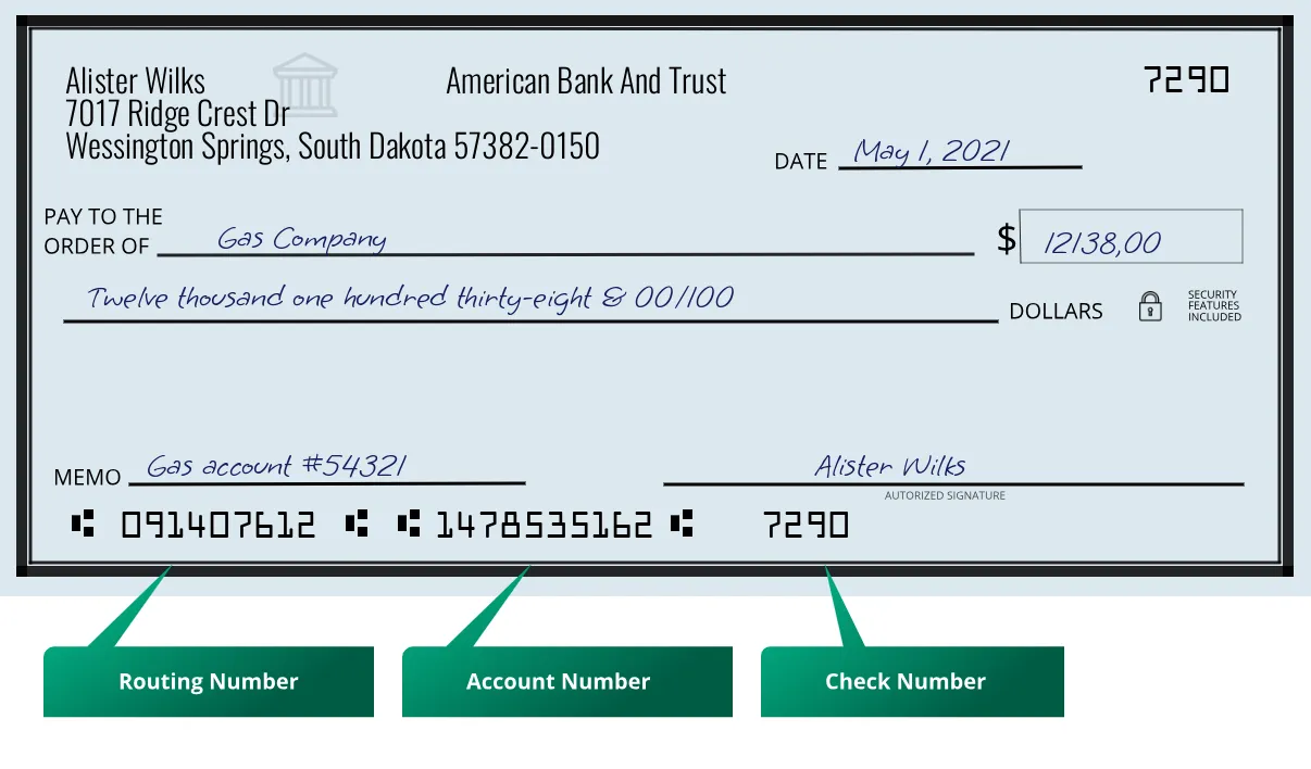 091407612 routing number American Bank And Trust Wessington Springs