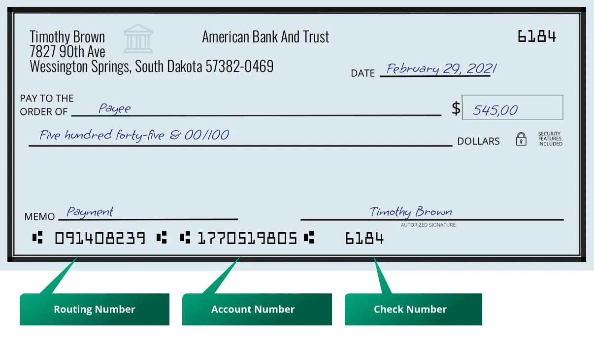 091408239 routing number American Bank And Trust Wessington Springs