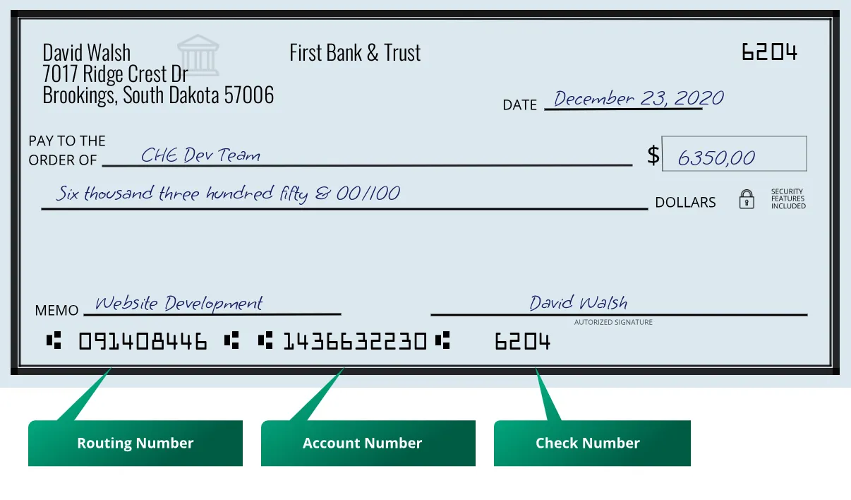 091408446 routing number First Bank & Trust Brookings