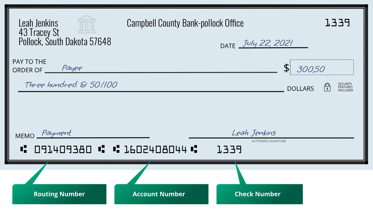 091409380 routing number Campbell County Bank-Pollock Office Pollock