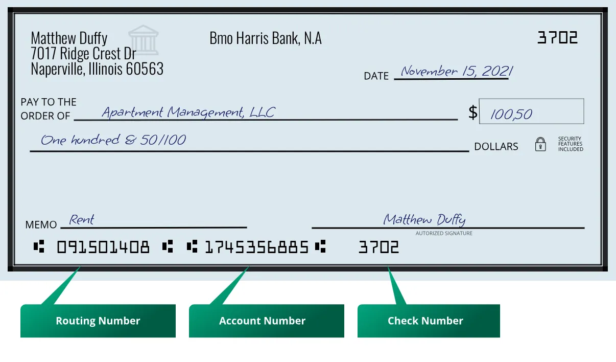 091501408 routing number Bmo Harris Bank, N.a Naperville