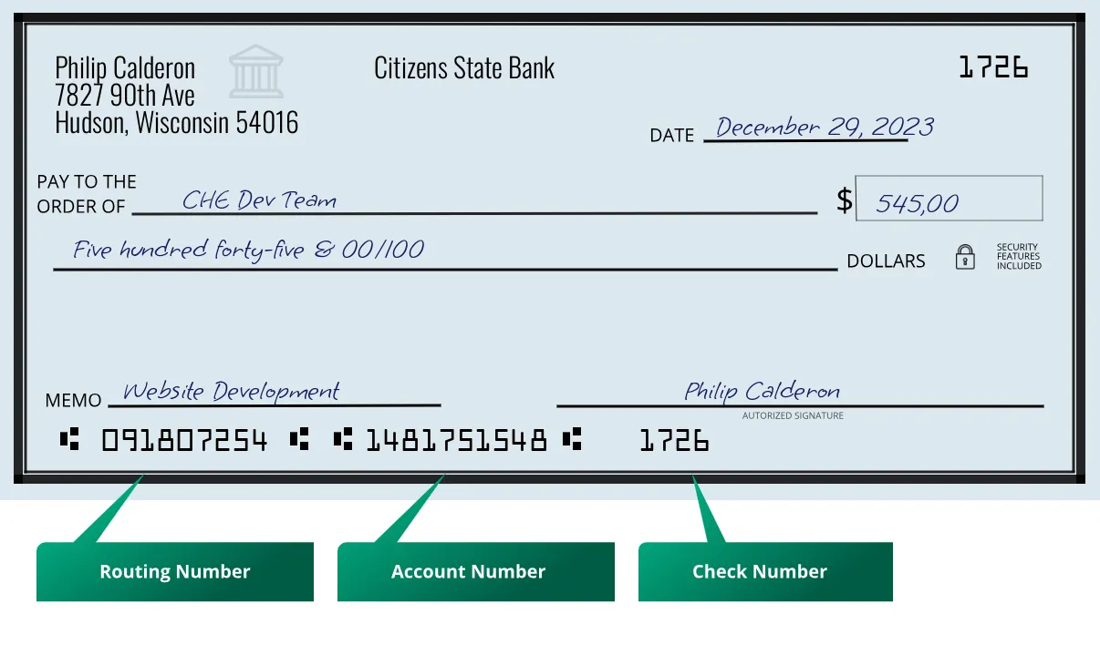 091807254 routing number Citizens State Bank Hudson