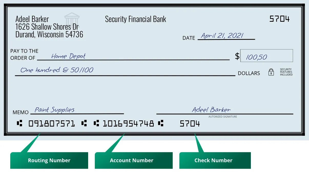 091807571 routing number Security Financial Bank Durand