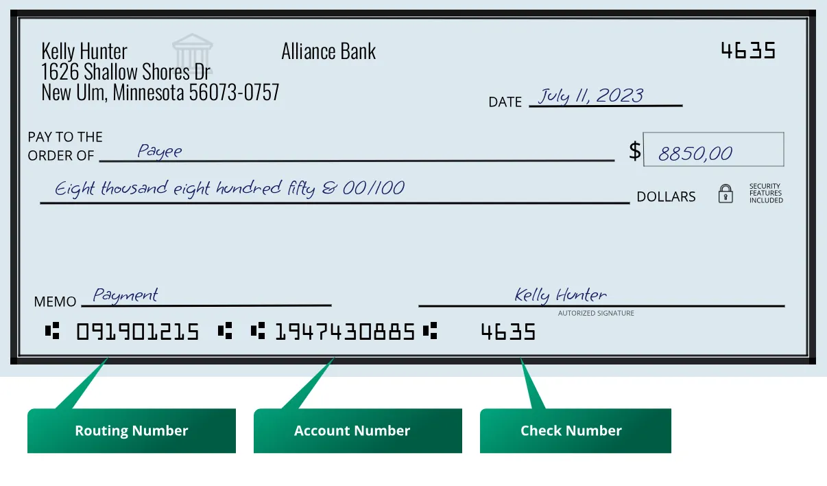 091901215 routing number Alliance Bank New Ulm