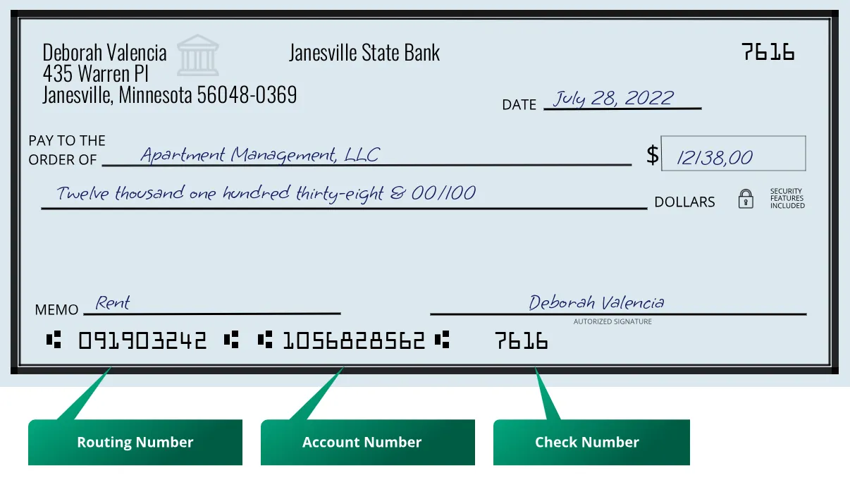 091903242 routing number Janesville State Bank Janesville