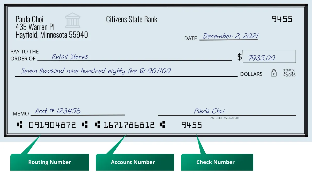 091904872 routing number Citizens State Bank Hayfield