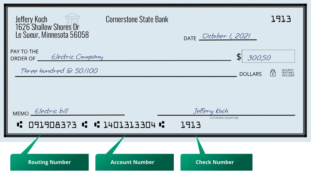 091908373 routing number Cornerstone State Bank Le Sueur