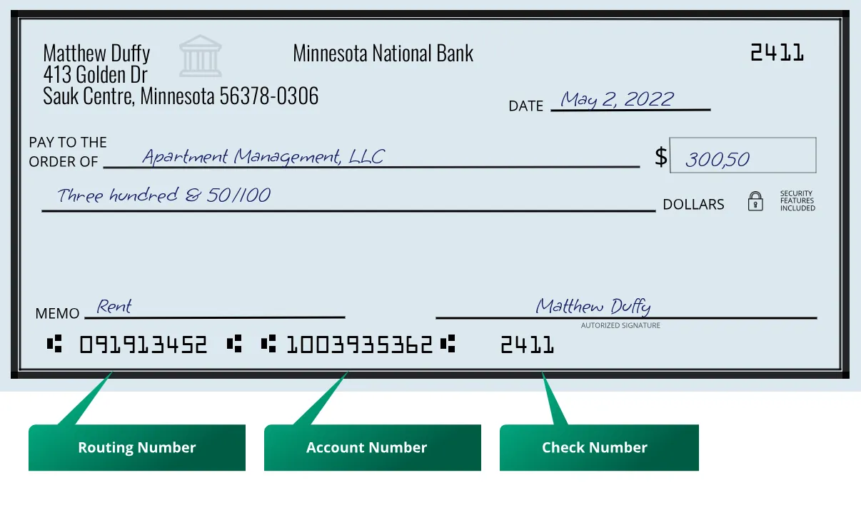 091913452 routing number Minnesota National Bank Sauk Centre