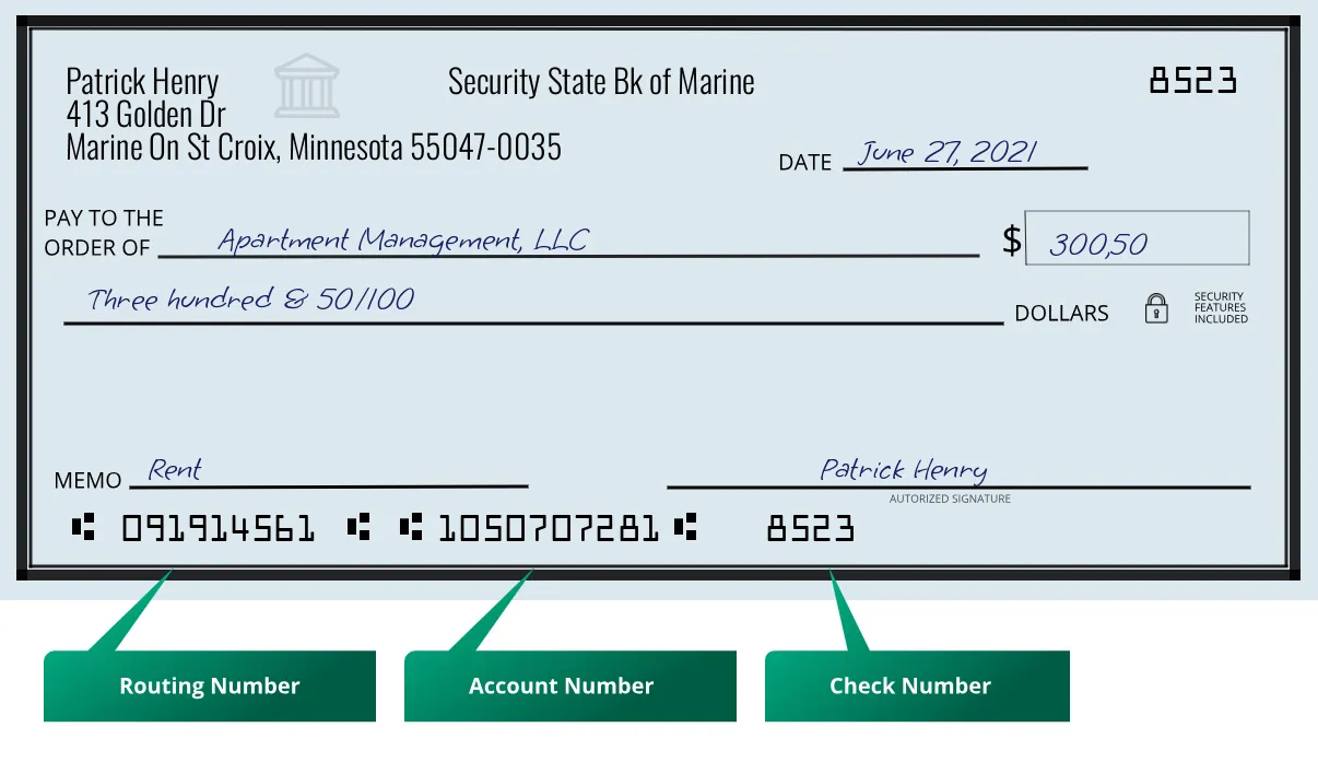 091914561 routing number Security State Bk Of Marine Marine On St Croix