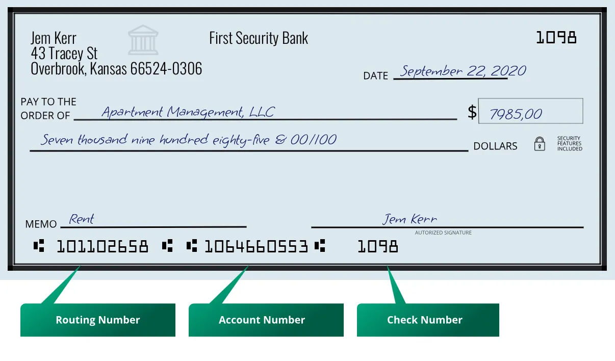 101102658 routing number First Security Bank Overbrook