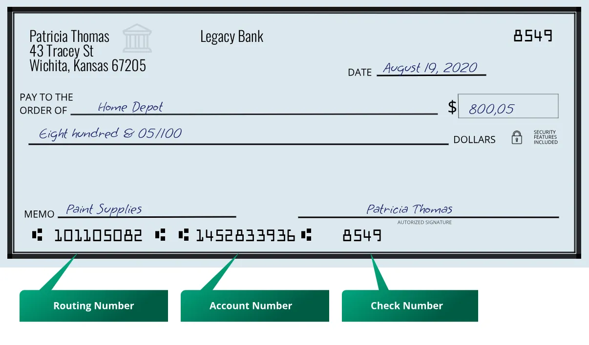 101105082 routing number Legacy Bank Wichita
