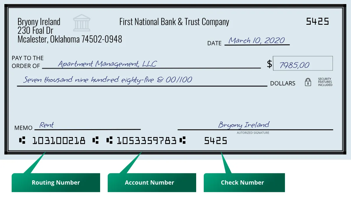 103100218 routing number First National Bank & Trust Company Mcalester