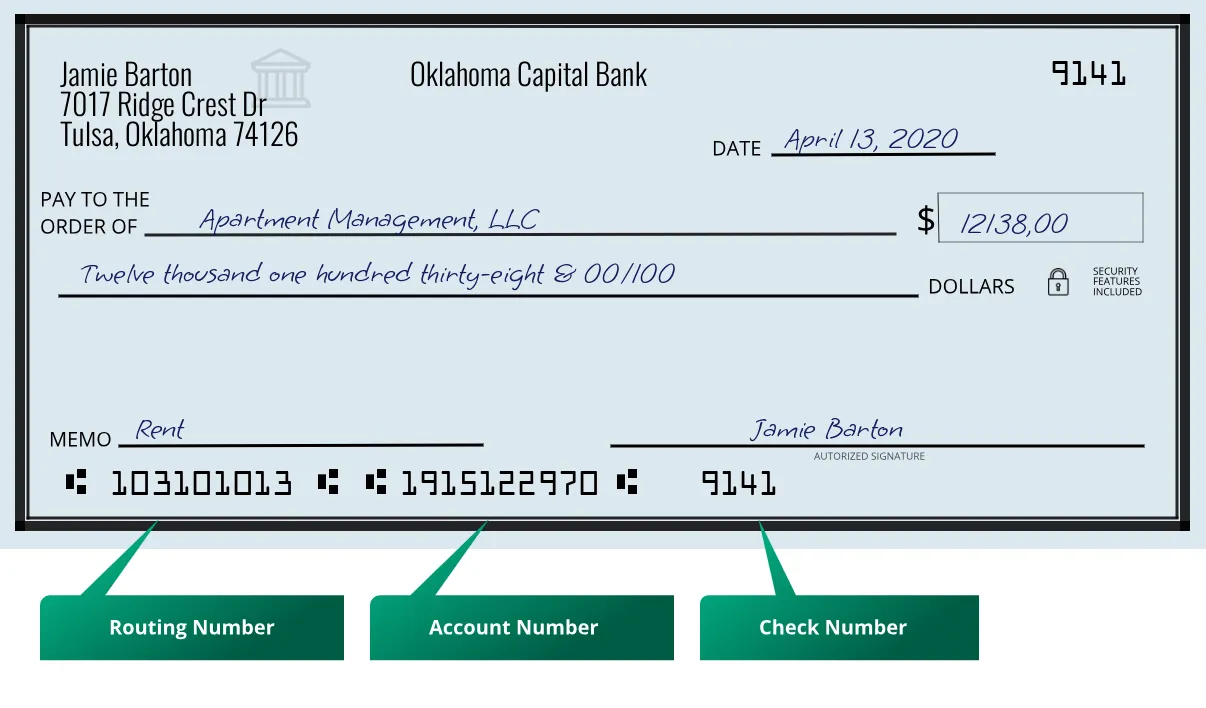 103101013 routing number Oklahoma Capital Bank Tulsa