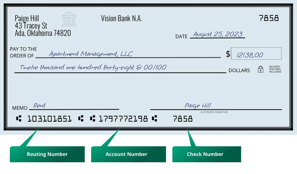 103101851 routing number Vision Bank N.a. Ada