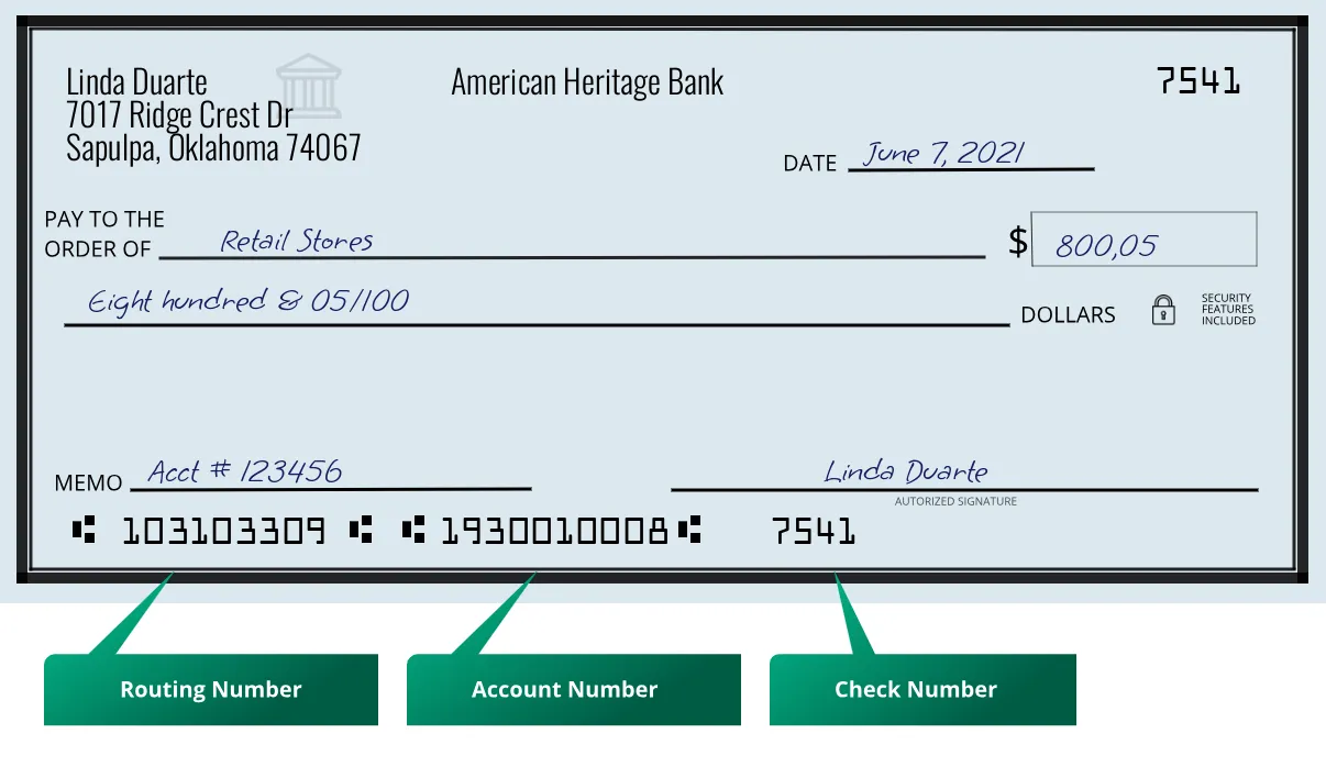 103103309 routing number American Heritage Bank Sapulpa