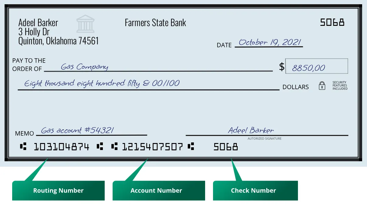 103104874 routing number Farmers State Bank Quinton